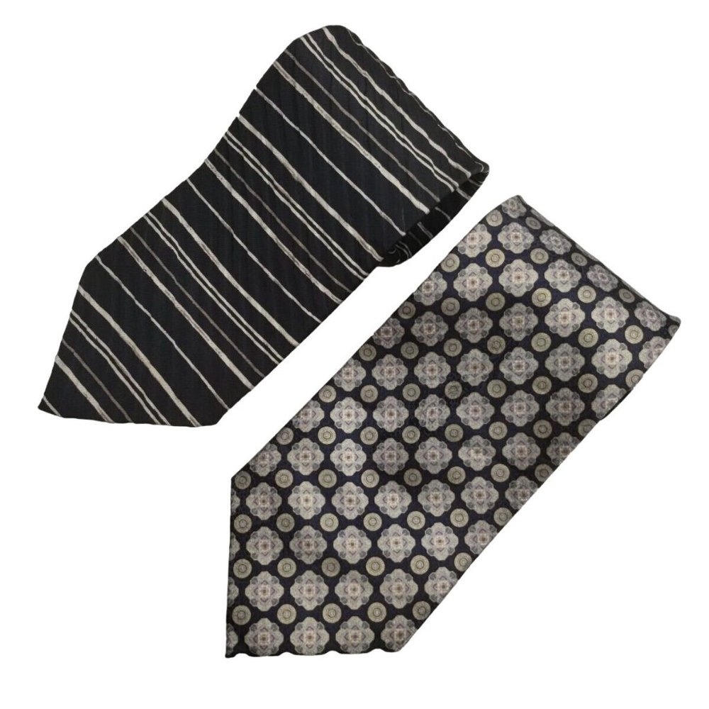 Lot Of 2 Black Fine Silk Ties Alfani UOMO Domenico Franco Striped Frame Pattern